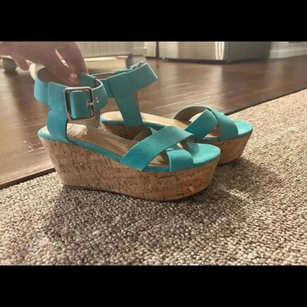 Stylish Aqua Blue Suede Wedge Sandals